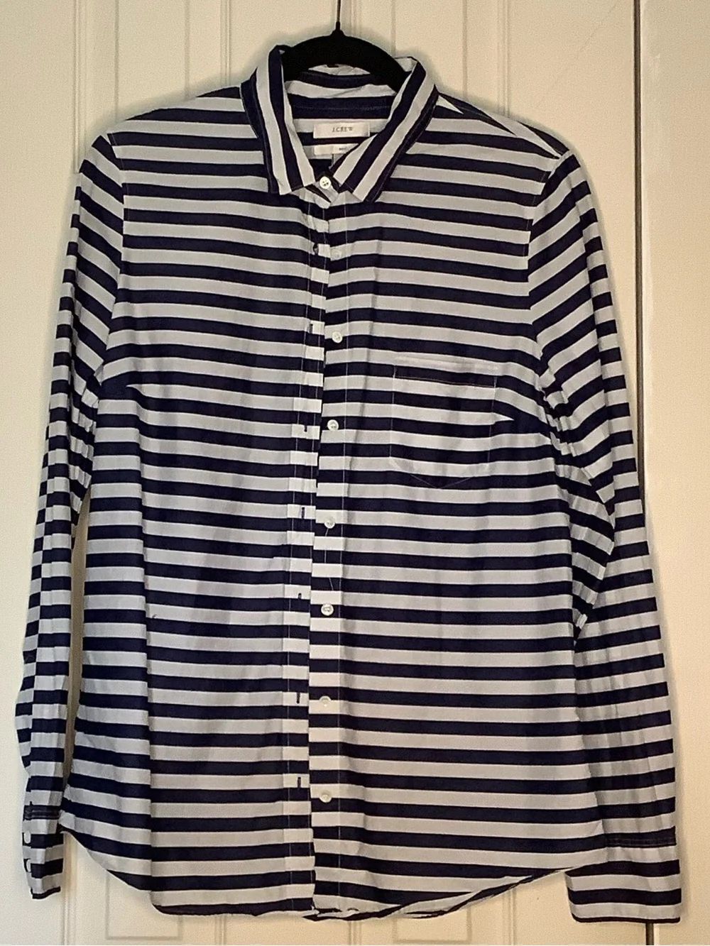 J. Crew Boy Navy White Striped Button-Down Women’s Shirt Sz 10 Academia Preppy